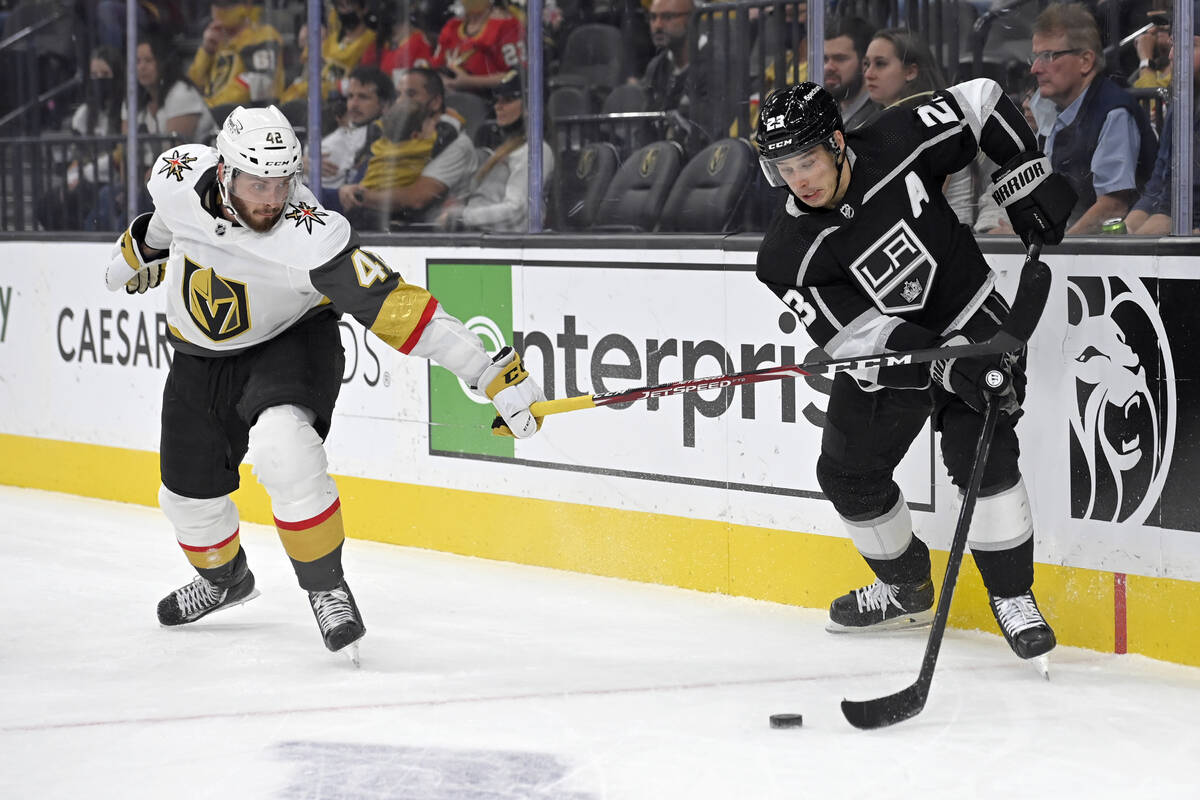 Vegas Golden Knights right wing Daniil Miromanov (42) looks to block Los Angeles Kings right wi ...