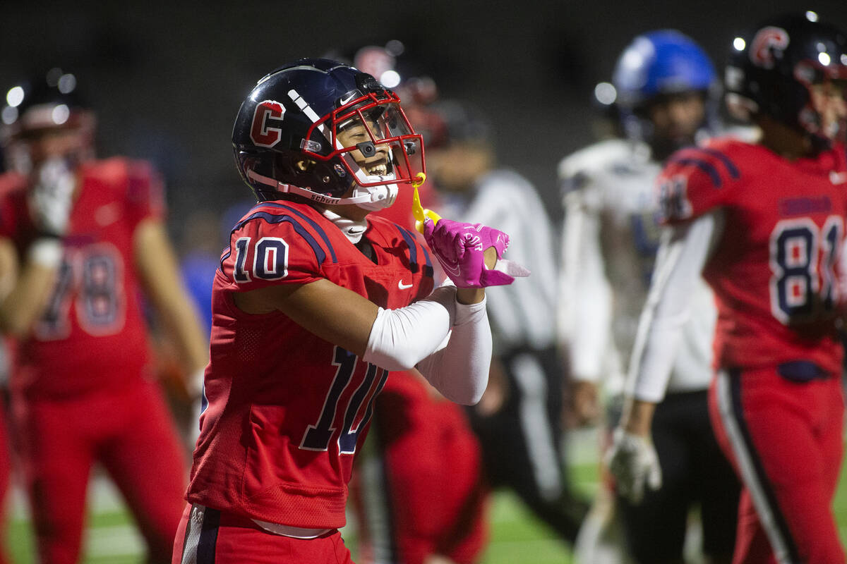 Coronado's Jaylen Garrison (10) celebrates after scoring a touchdown against Sierra Vista durin ...