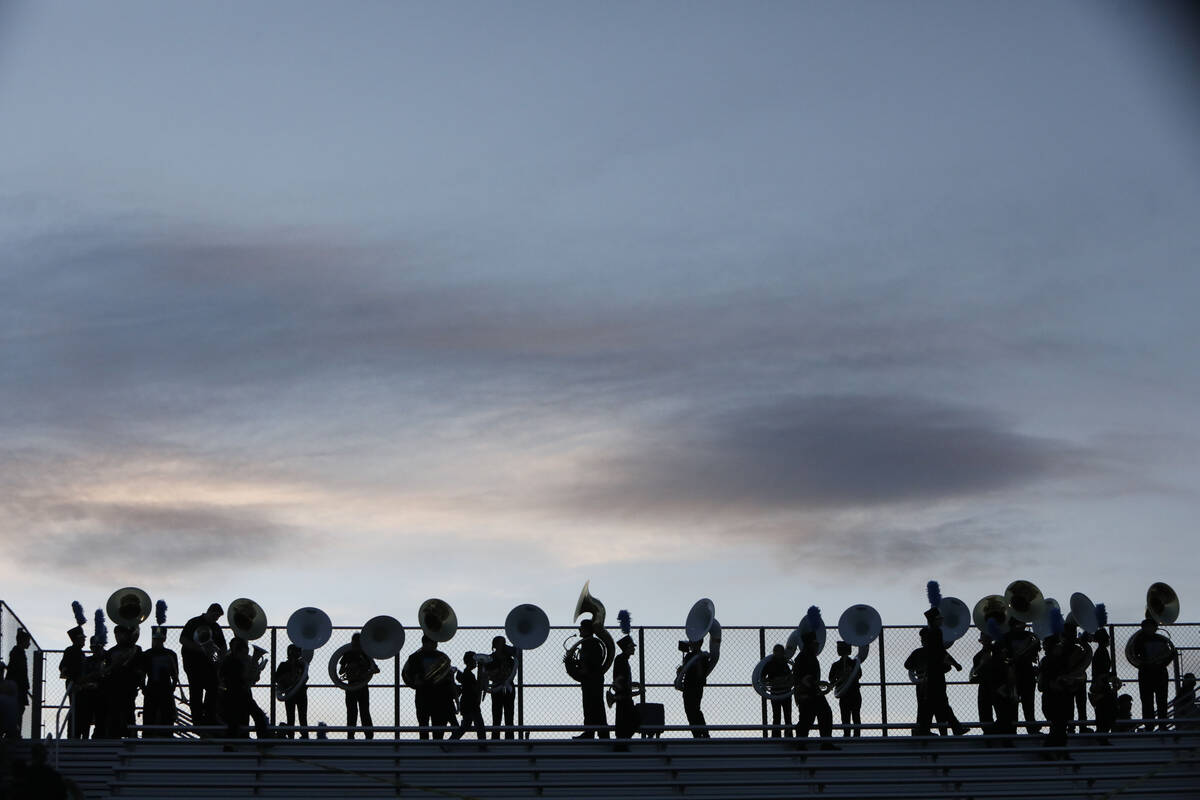 Foothill High School's marching band line up before a football game against Bishop Gorman High ...