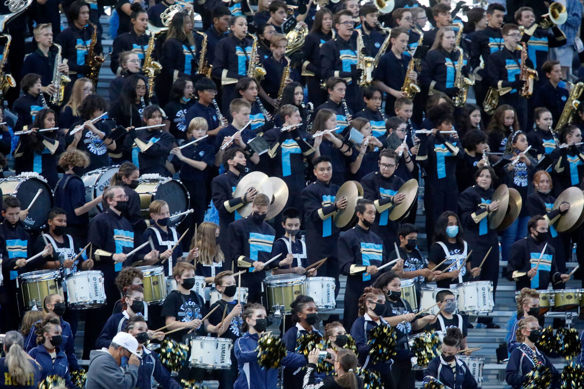 Foothill High School's marching band performs during the second half of a football game at Foot ...