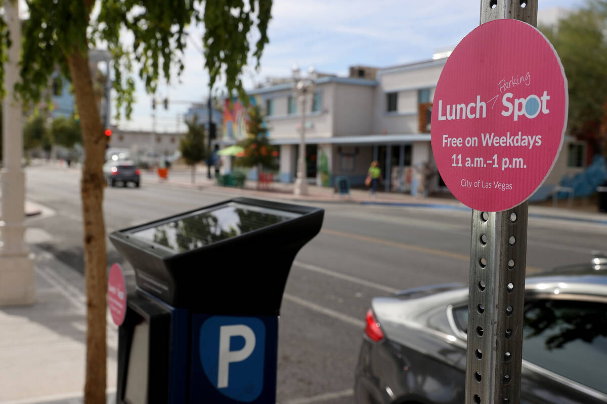 A sign at a parking payment machine on 6th Street in downtown Las Vegas Wednesday, Oct. 20, 202 ...