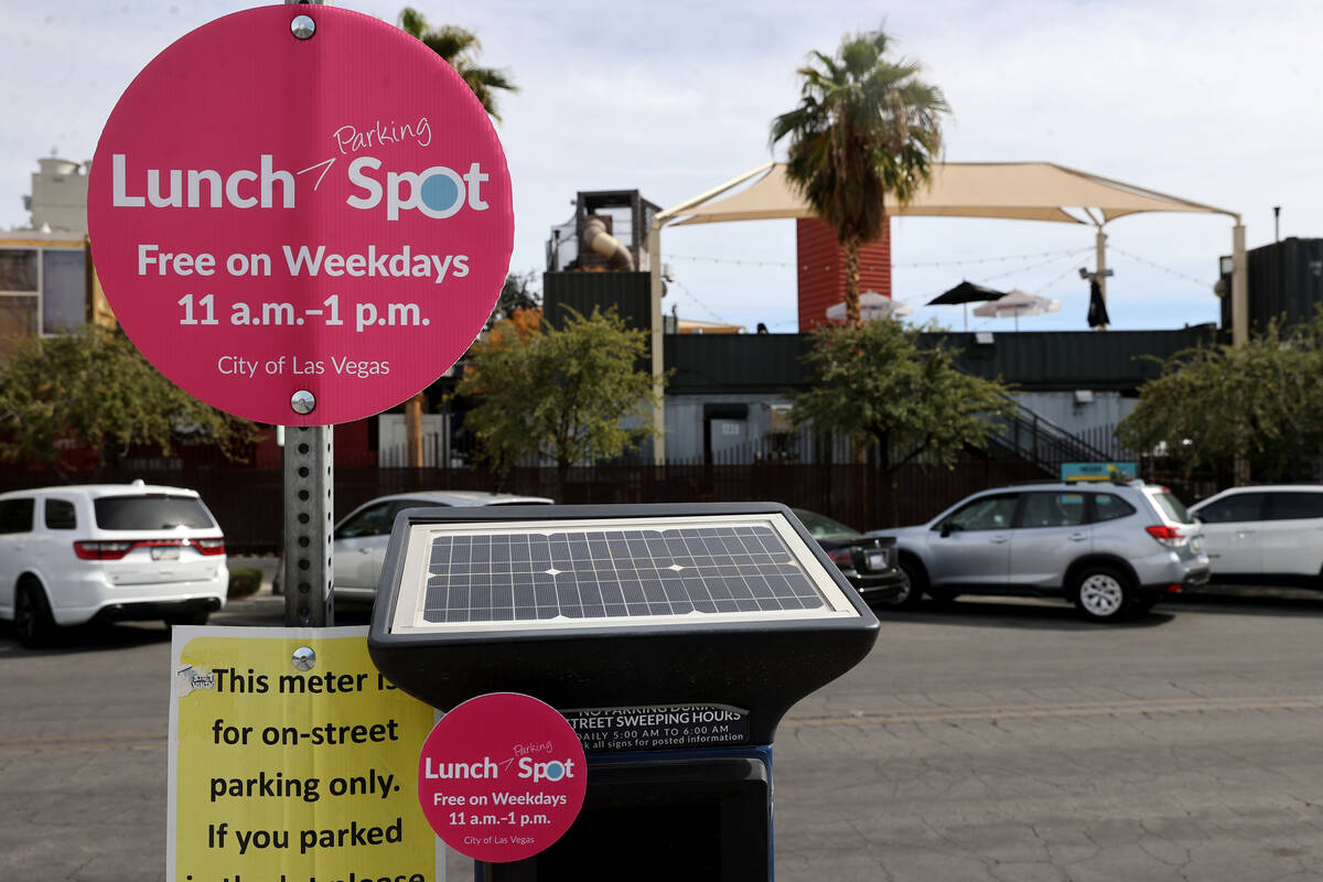 A sign at a parking payment machine on 7th Street in downtown Las Vegas Wednesday, Oct. 20, 202 ...