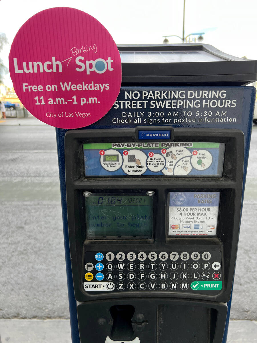 A sign at a parking payment machine on Ogden Avenue in downtown Las Vegas Wednesday, Oct. 20, 2 ...