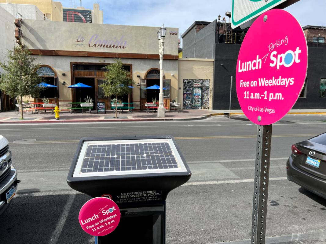 A sign at a parking payment machine on 6th Street in downtown Las Vegas Wednesday, Oct. 20, 202 ...