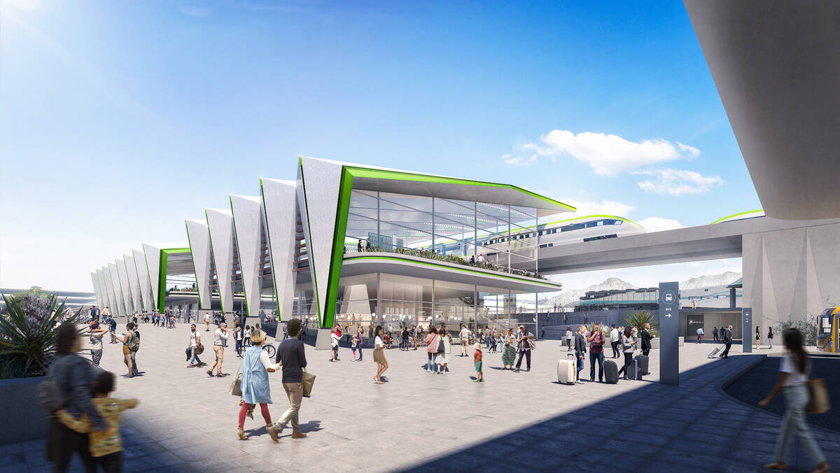 An artist rendering of Brightline West's planned Rancho Cucamonga train station in Rancho Cucam ...