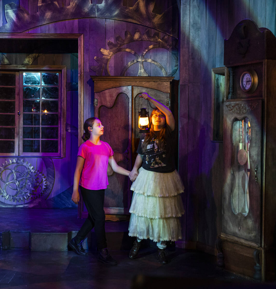 Alora Rivera, 10, left, and Ashlee Grubbs, 16, perform during a technical rehearsal for "The Sa ...