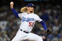 Los Angeles Dodgers pitcher Phil Bickford throws during the sixth inning against the Atlanta Br ...