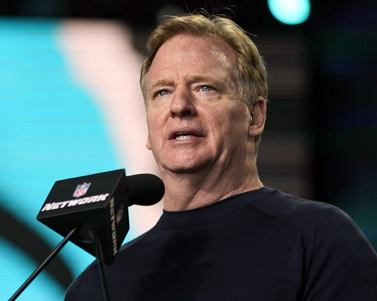 FILE - In this May 1, 2021, file photo, NFL Commissioner Roger Goodell announces the start of t ...