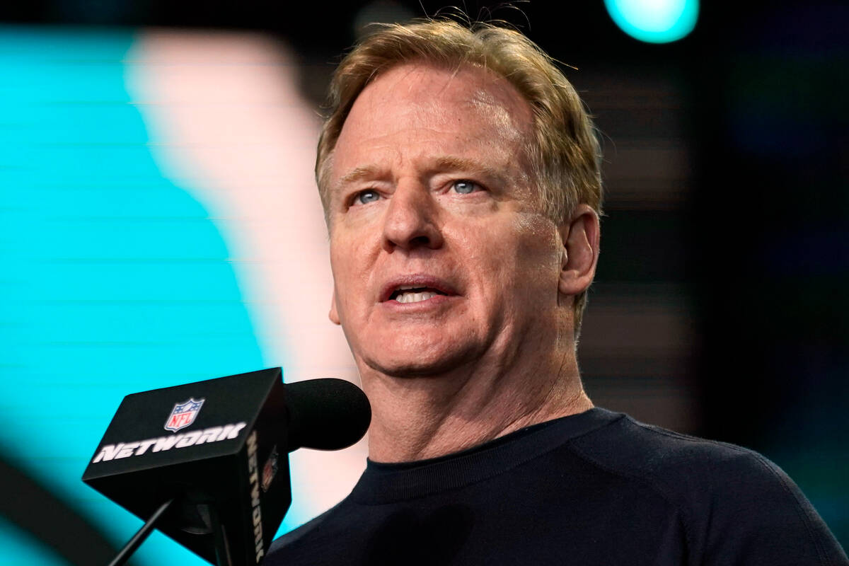 FILE - In this May 1, 2021, file photo, NFL Commissioner Roger Goodell announces the start of t ...