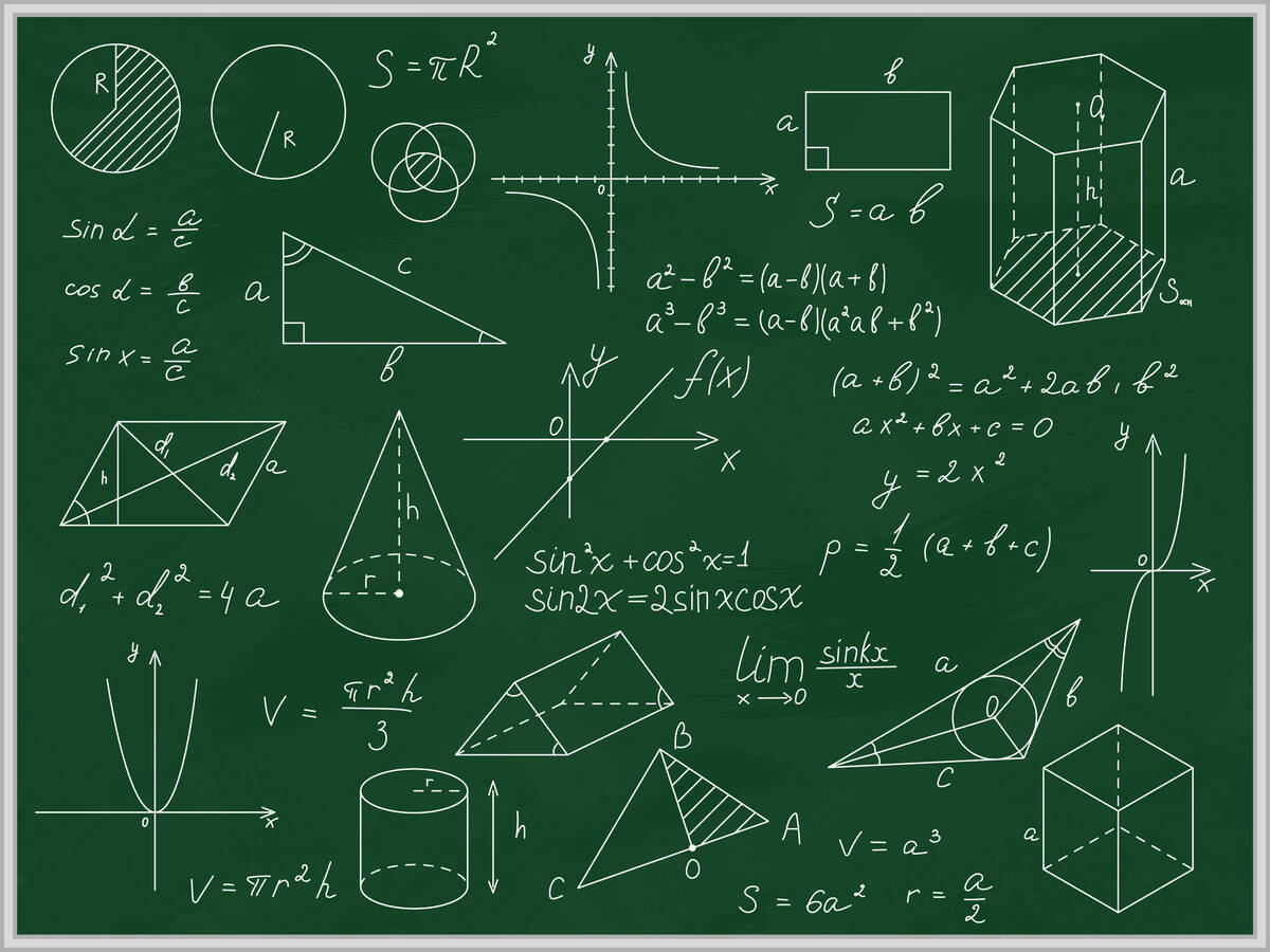 Green Blackboard Mathematical with Thin Line Shapes and Inscriptions Include of Formula, Calcul ...