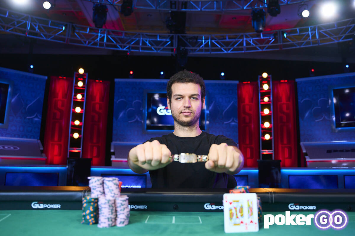 Michael Addamo after winning the $50,000 buy-in High Roller No-limit Hold'em eight-handed event ...