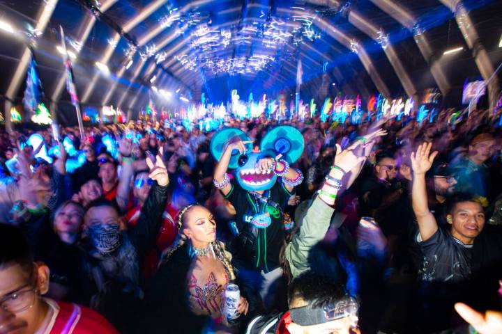 Attendees dance as Enrico Sangiuliano performs at the Neon Garden stage during the Electric Dai ...