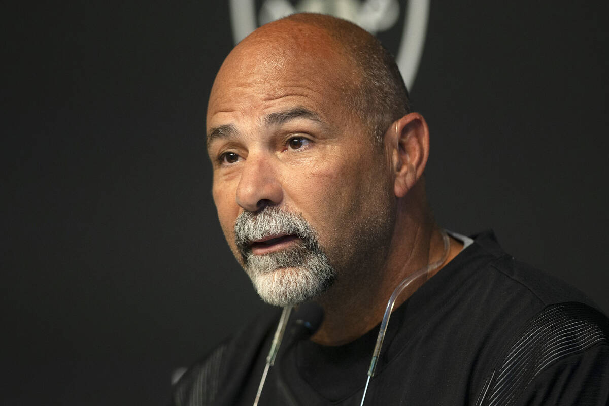 Raiders interim head coach Rich Bisaccia speaks during a news conference at the Raiders Headqua ...