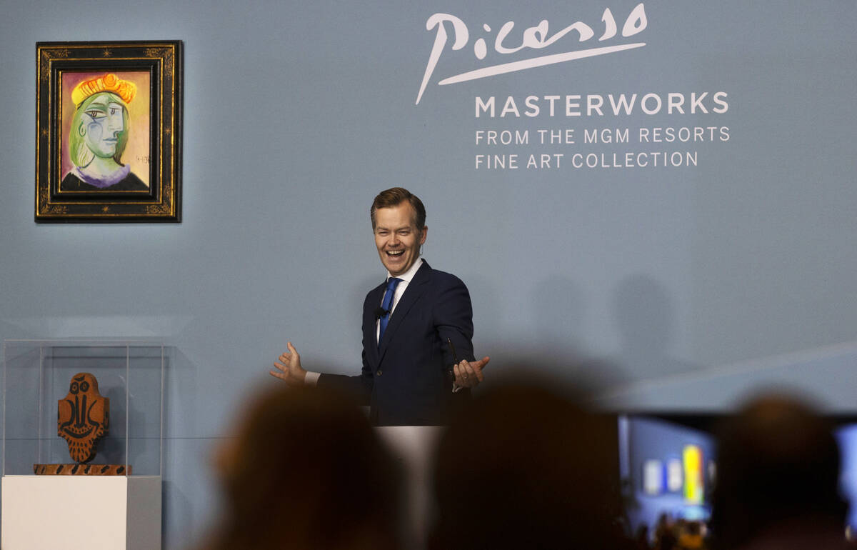 Oliver Barker takes bids during an auction held by Sotheby's featuring eleven of Pablo Picasso& ...
