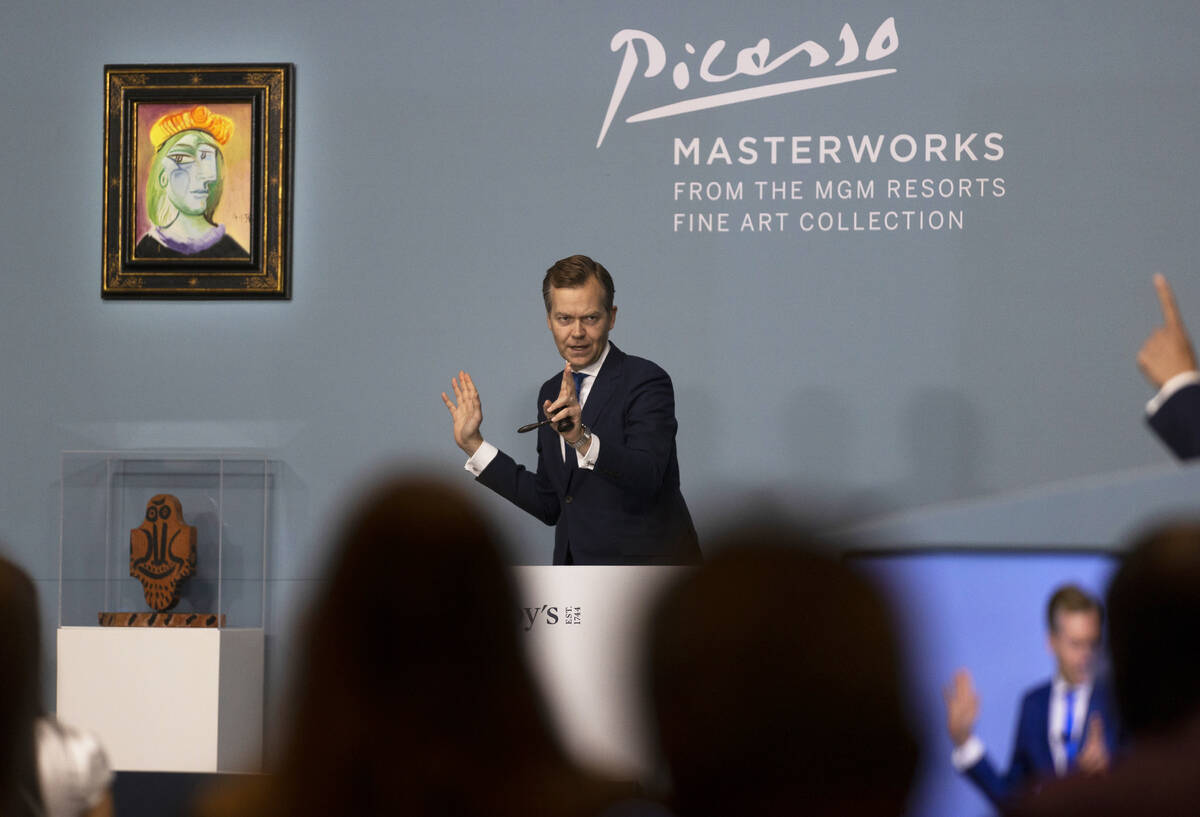Oliver Barker takes bids during an auction held by Sotheby's featuring eleven of Pablo Picasso& ...