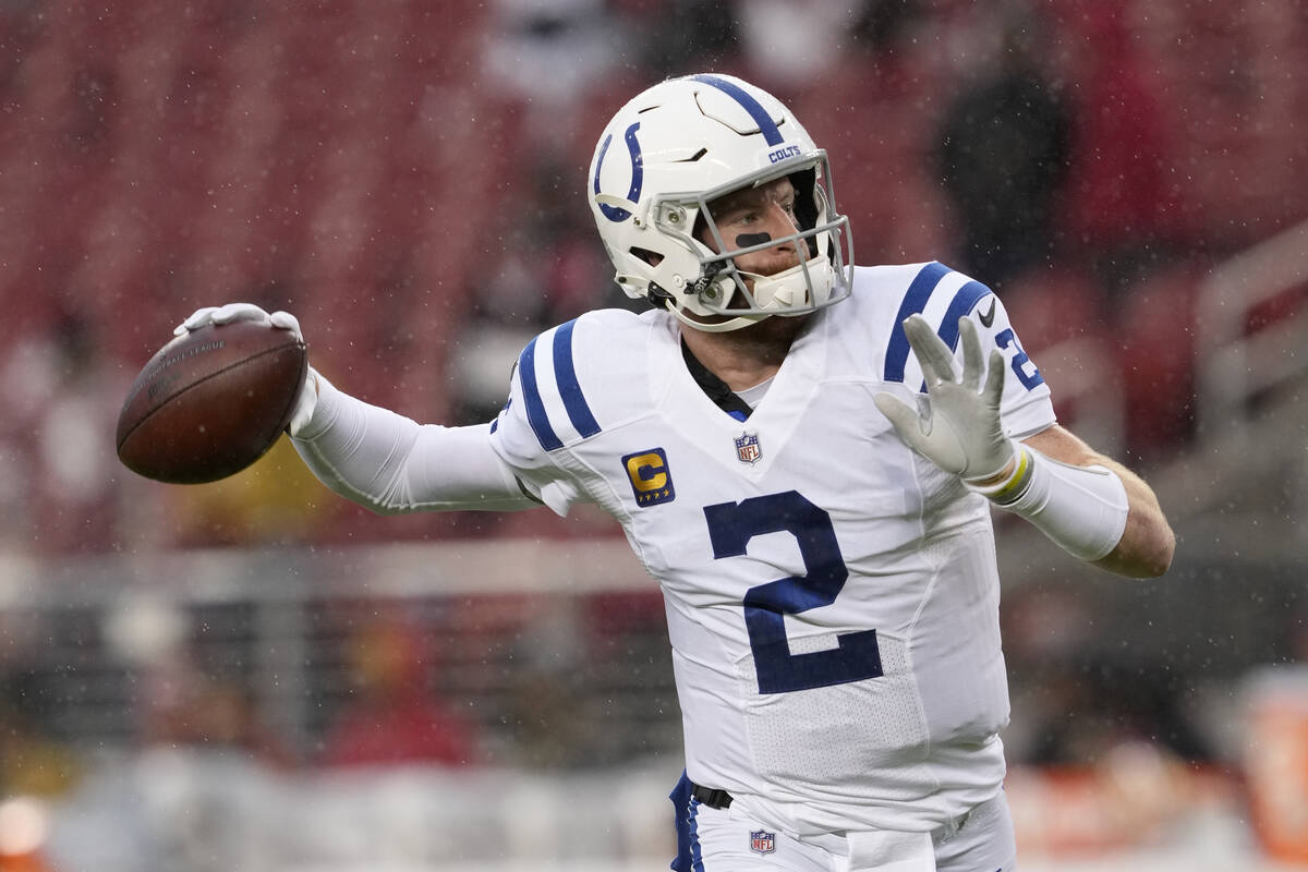 Indianapolis Colts quarterback Carson Wentz (2) warms up before an NFL football game against th ...