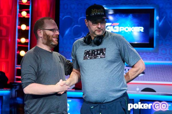 Phil Hellmuth, right, shakes Adam Friedman's hand after the $10,000 buy-in Dealer's Choice even ...