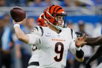 Cincinnati Bengals quarterback Joe Burrow (9) passes the ball during the first half of an NFL f ...