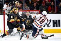 Edmonton Oilers left wing Zach Hyman (18) scores past Vegas Golden Knights goaltender Robin Leh ...