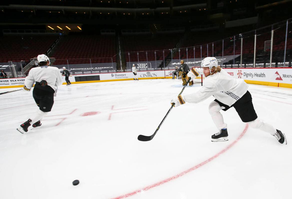 Golden Knights' William Karlsson passes the puck during an optional morning skate at Gila River ...