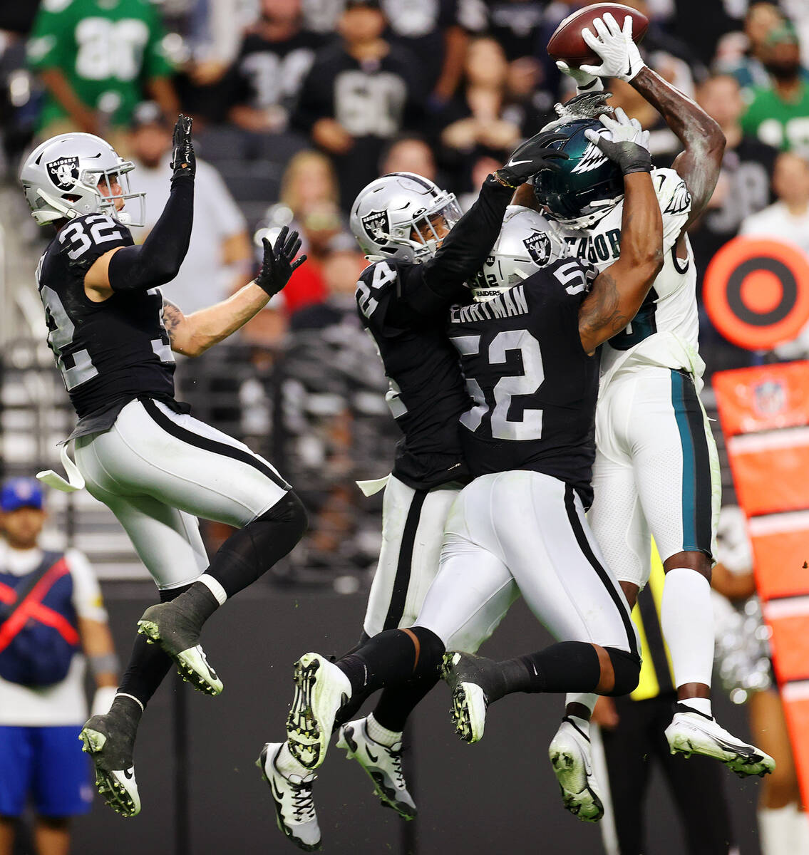 Philadelphia Eagles wide receiver Jalen Reagor (18) makes a catch before running the ball for a ...