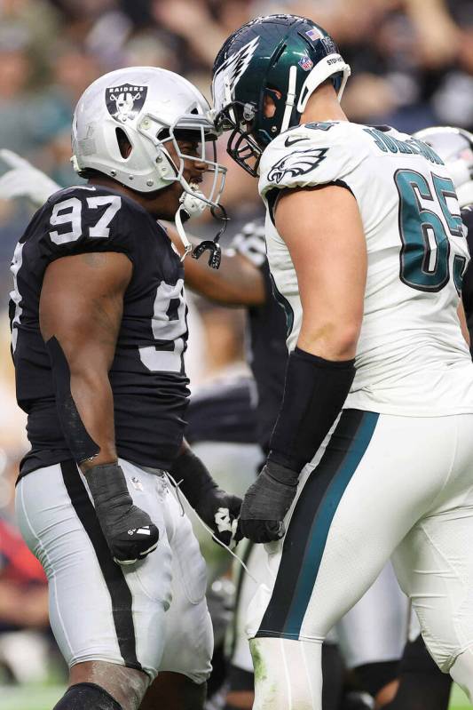 Raiders defensive tackle Damion Square (97) gets in the face of Philadelphia Eagles offensive t ...