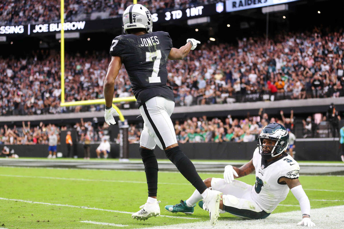 Raiders wide receiver Zay Jones (7) gestures first down after a catch under pressure from Phila ...