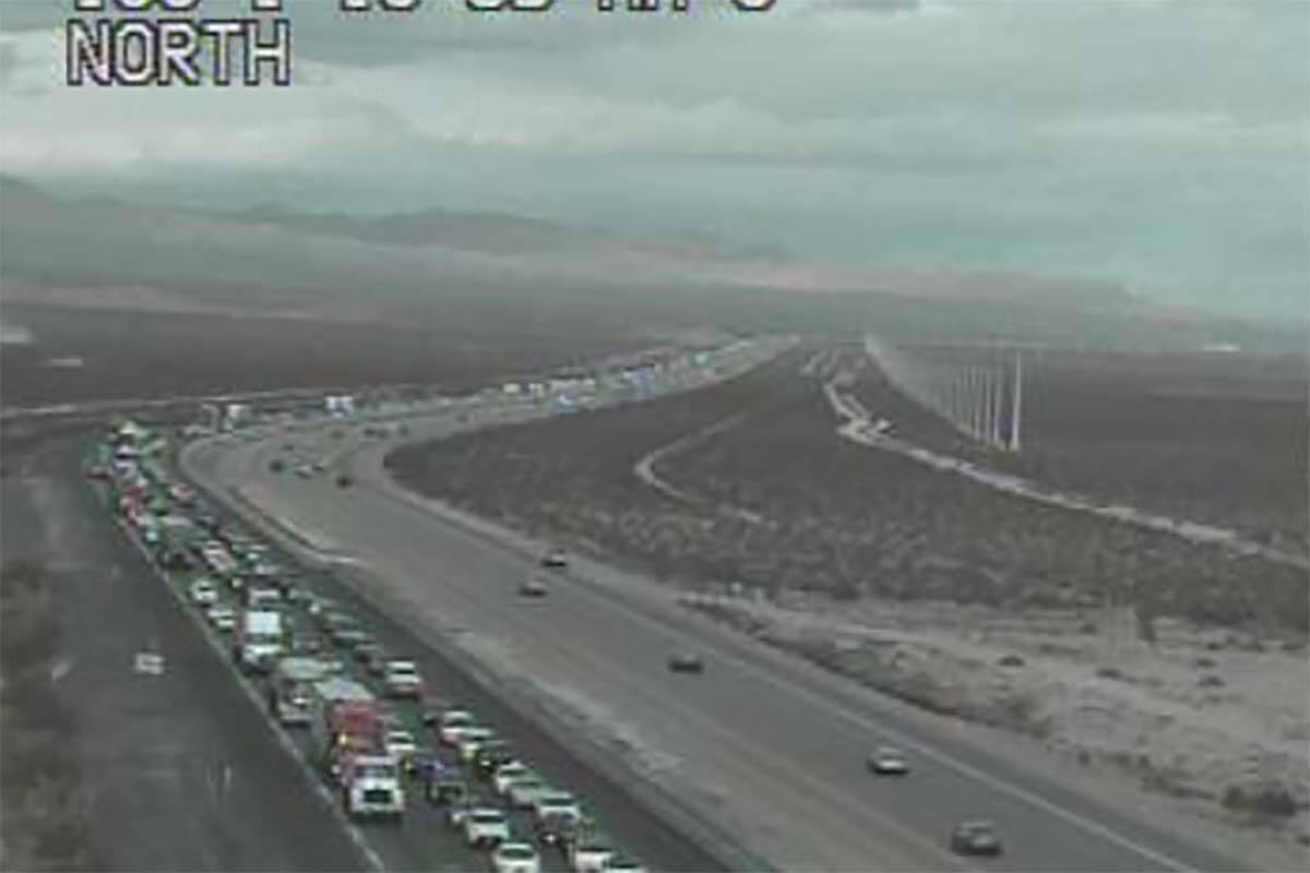 Traffic backup on southbound Interstate 15 headed into Southern California, Monday, Oct. 25, 20 ...