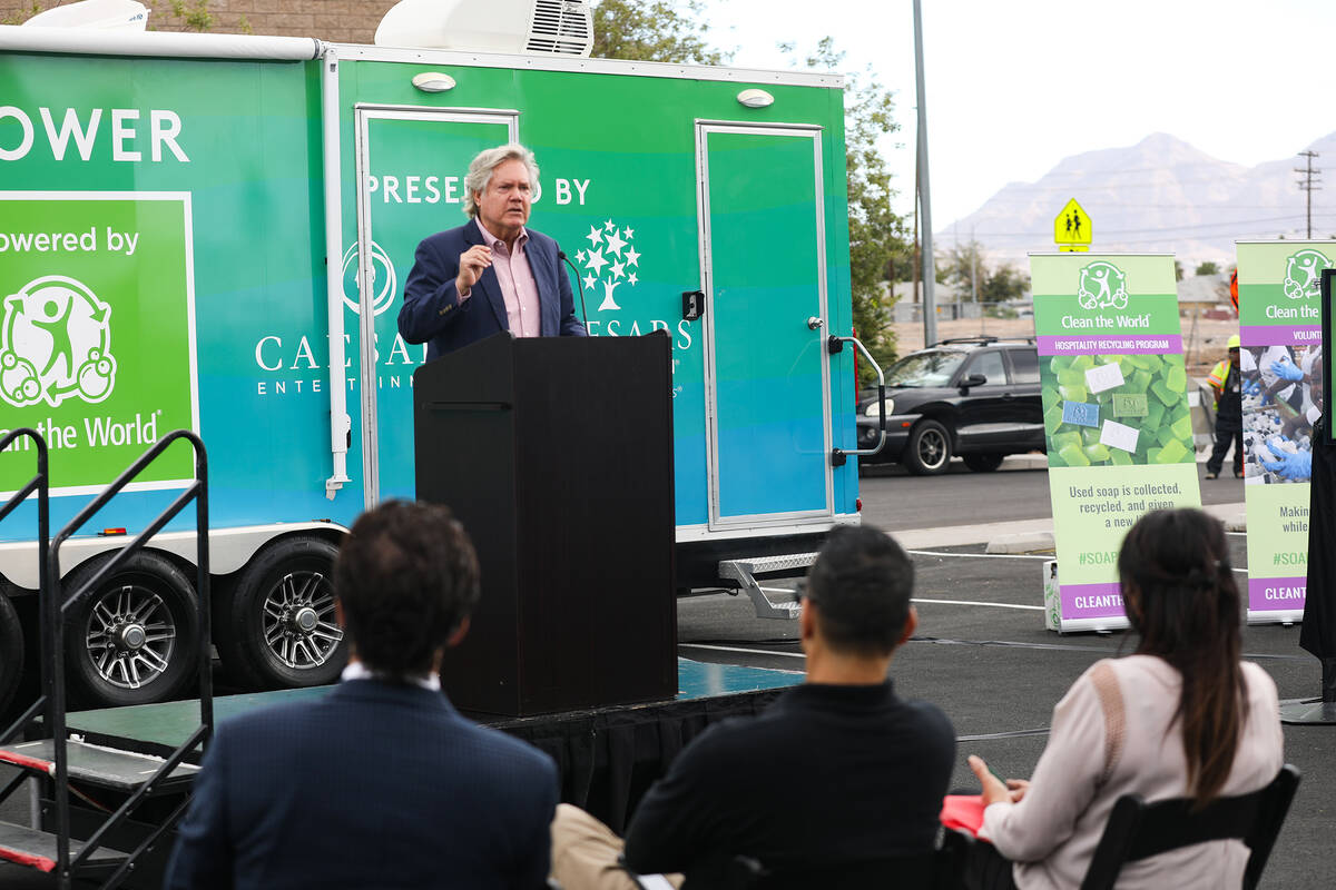 Clark County Commissioner Tick Segerblom addresses the crowd for the unveiling of a new mobile ...