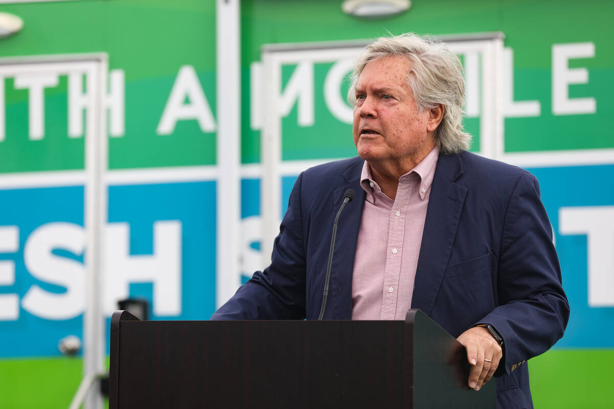 Clark County Commissioner Tick Segerblom addresses the crowd for the unveiling of a new mobile ...