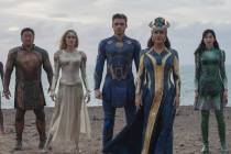 (L-R): Kingo (Kumail Nanjiani), Makkari (Lauren Ridloff), Gilgamesh (Don Lee), Thena (Angelina ...