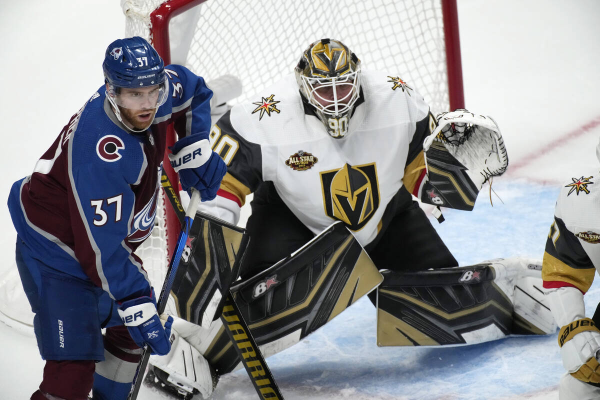 Vegas Golden Knights goalie Robin Lehner, right, protects the net as Colorado Avalanche left wi ...