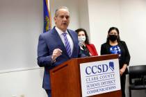 Clark County School District Superintendent Jesus Jara speaks during a news conference at the C ...