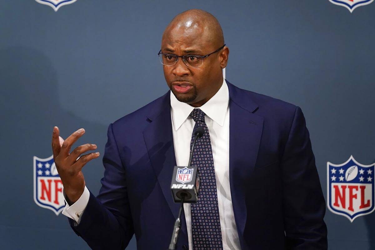 Troy Vincent, Executive Vice President of Football Operations at the NFL, speaks to reporters d ...