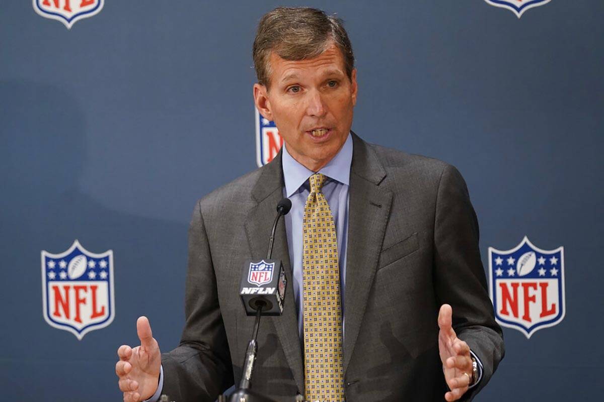 Allen Sills, Chief Medical Officer for the NFL, speaks to reporters during the NFL football own ...