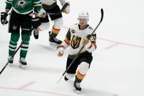 Vegas Golden Knights right wing Evgenii Dadonov (63) celebrates scoring a goal as Dallas Stars' ...