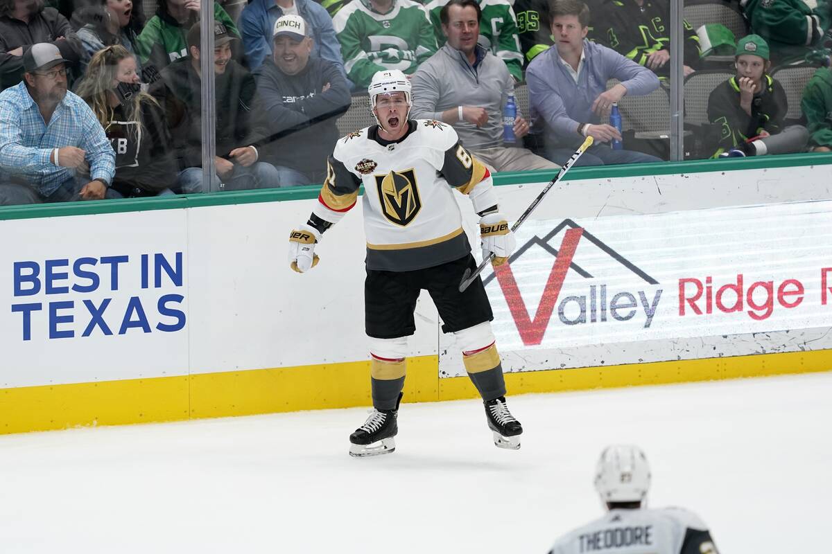 Vegas Golden Knights center Jonathan Marchessault (81) celebrates with Shea Theodore after scor ...