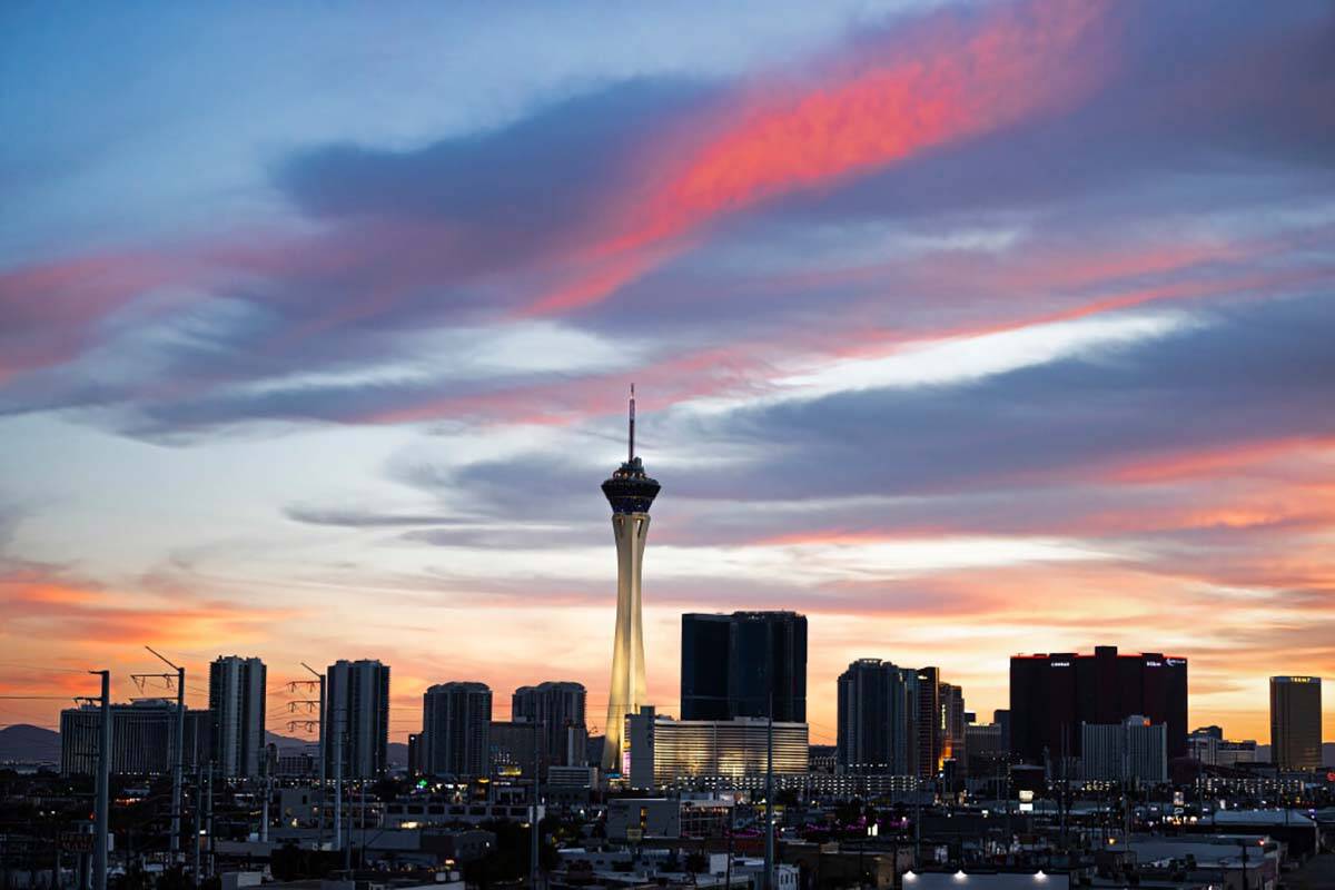 The Strip skyline at dusk on Wednesday, Oct. 20, 2021, in Las Vegas. (Benjamin Hager/Las Vegas ...