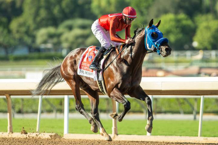 In a photo provided by Benoit Photo, Dr. Schivel and jockey Flavien Prat win the Grade II Santa ...