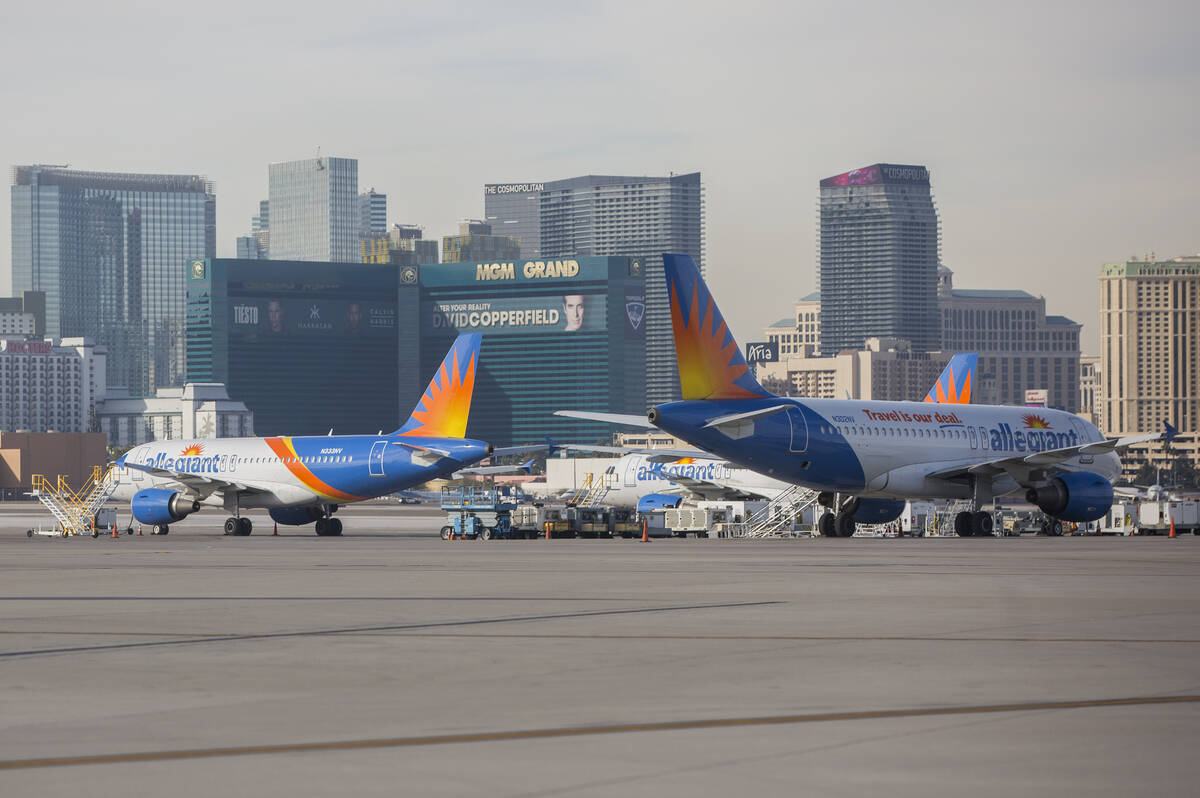 Allegiant aircraft line the airport tarmac at McCarran International Airport on Tuesday, Dec. 1 ...