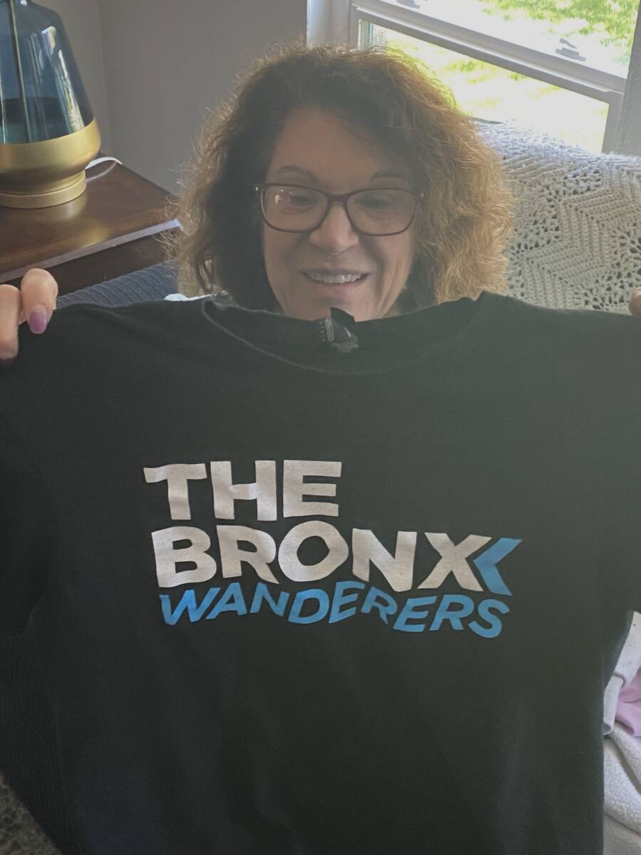 Kathleen Sanna, mother of R-J columnist John Katsilometes, shows off her Bronx Wanderers T-shir ...