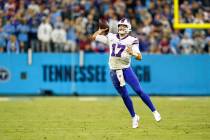 Buffalo Bills quarterback Josh Allen (17) throws a pass during a Monday Night NFL football game ...