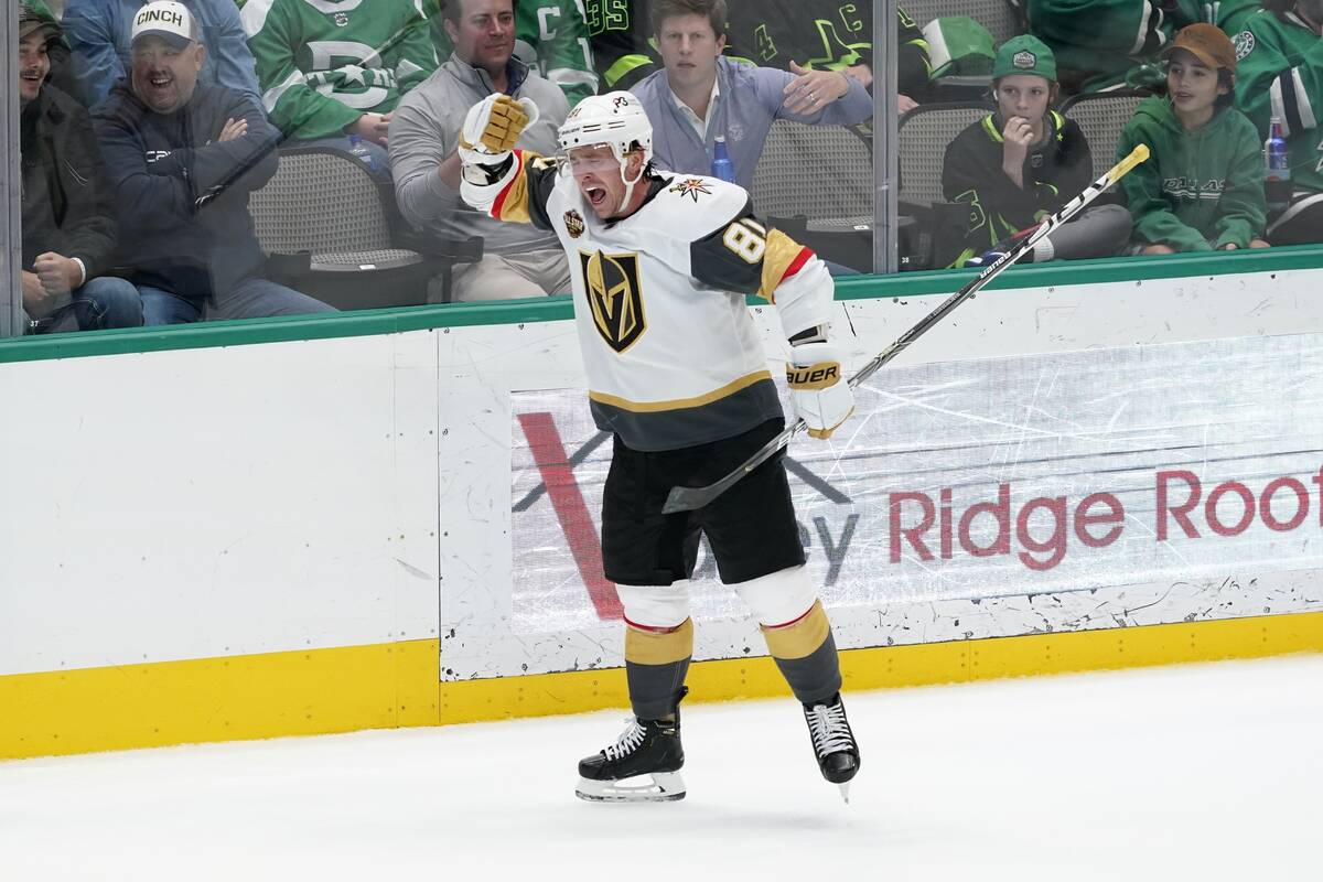 Vegas Golden Knights center Jonathan Marchessault (81) celebrates scoring a goal late in the th ...