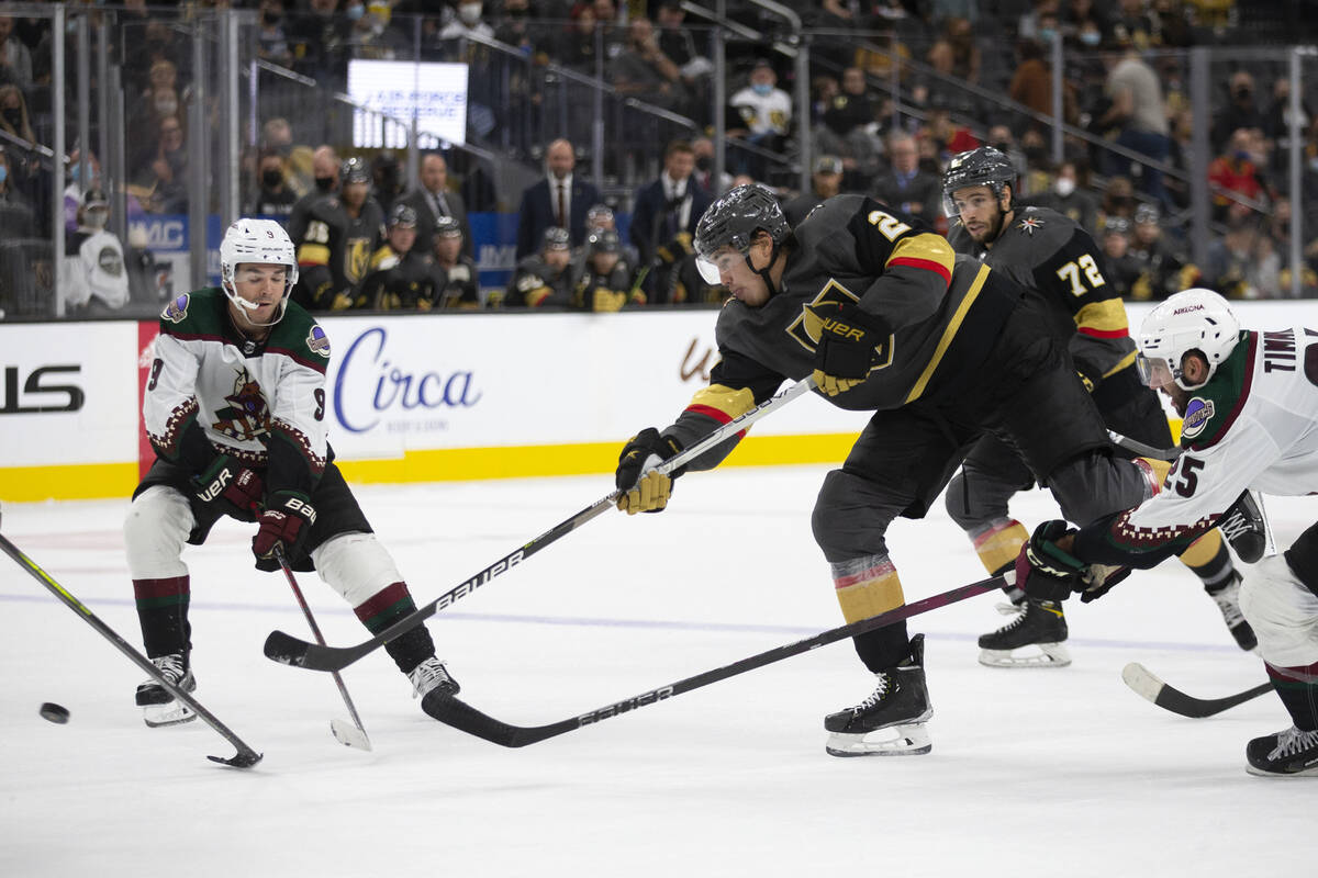 Golden Knights defenseman Zach Whitecloud (2) takes a shot on goal in the last few seconds of t ...