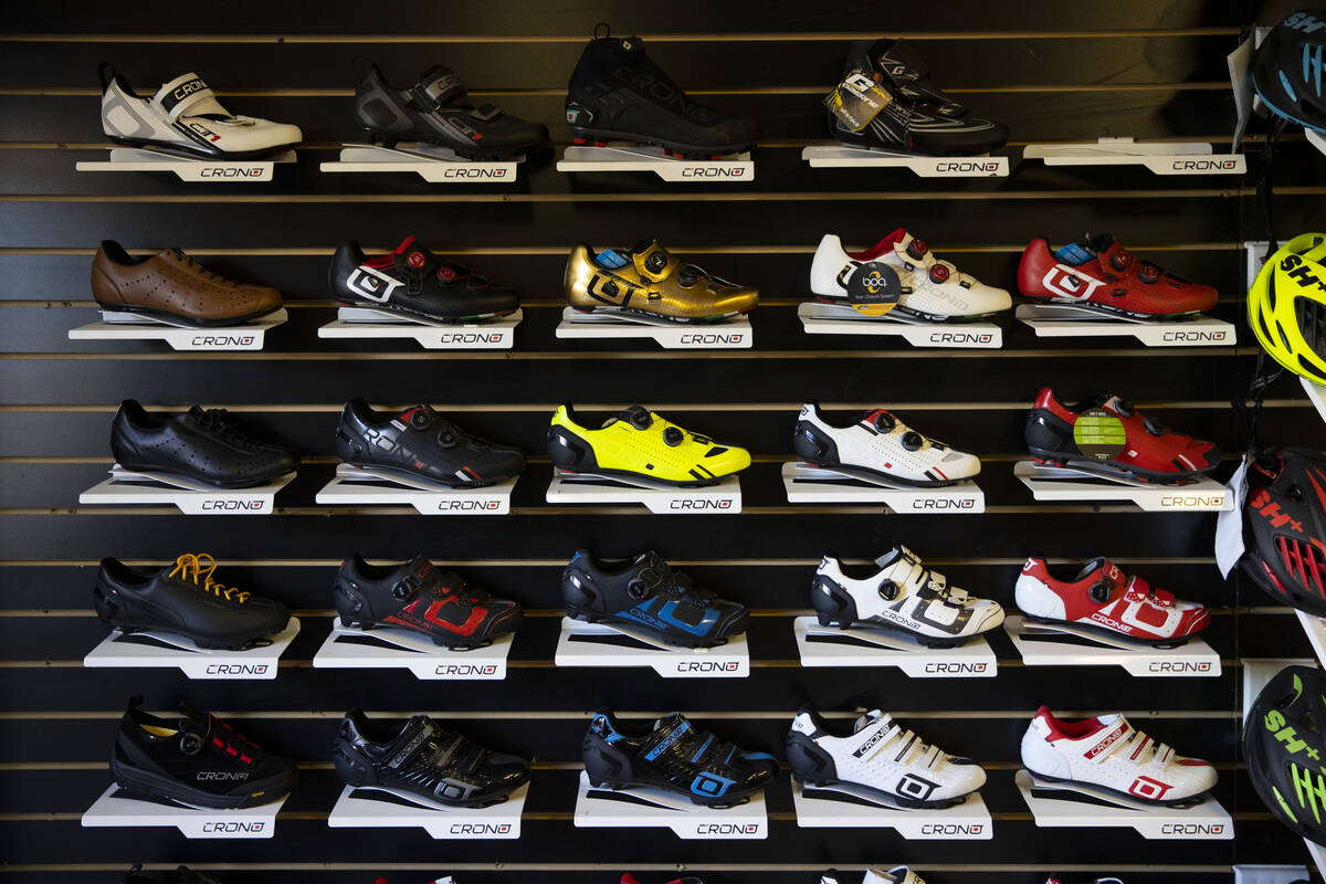 Shoes are displayed inside of the Gizmo Cycling shop in North Las Vegas, Thursday, Oct. 28, 202 ...
