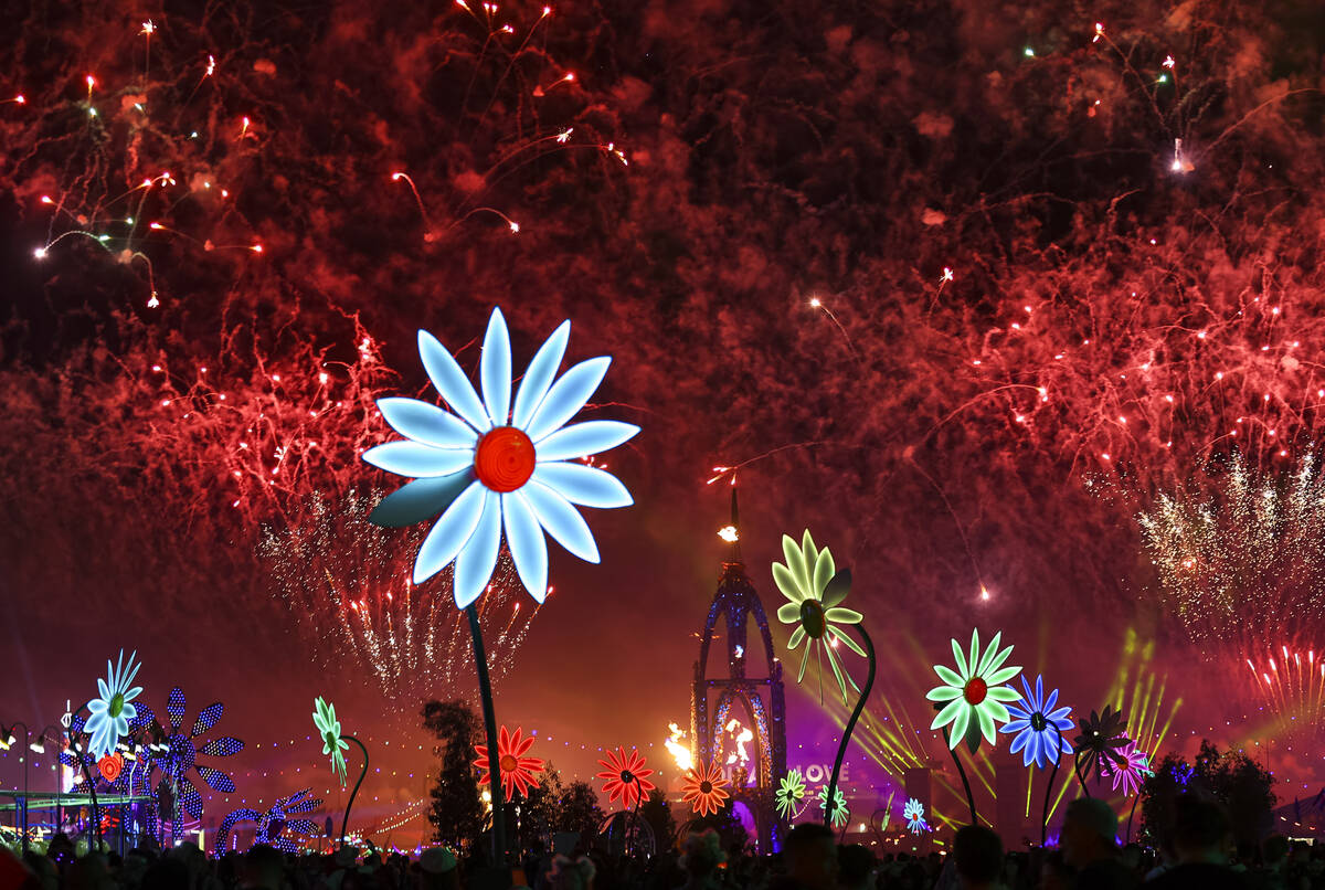 Fireworks go off across the festival grounds during the second day of the Electric Daisy Carniv ...