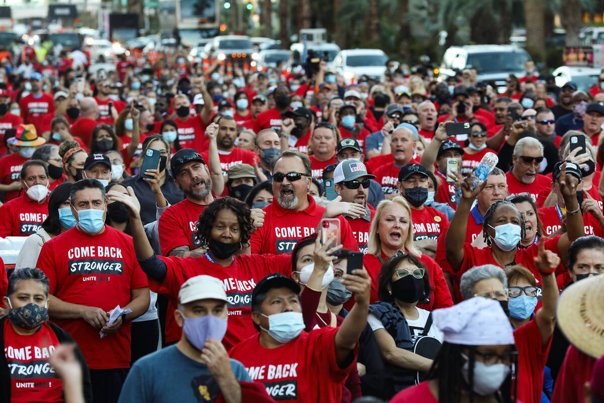 The crowd at a rally of the Culinary Workers Union to bring attention to the workers that are s ...