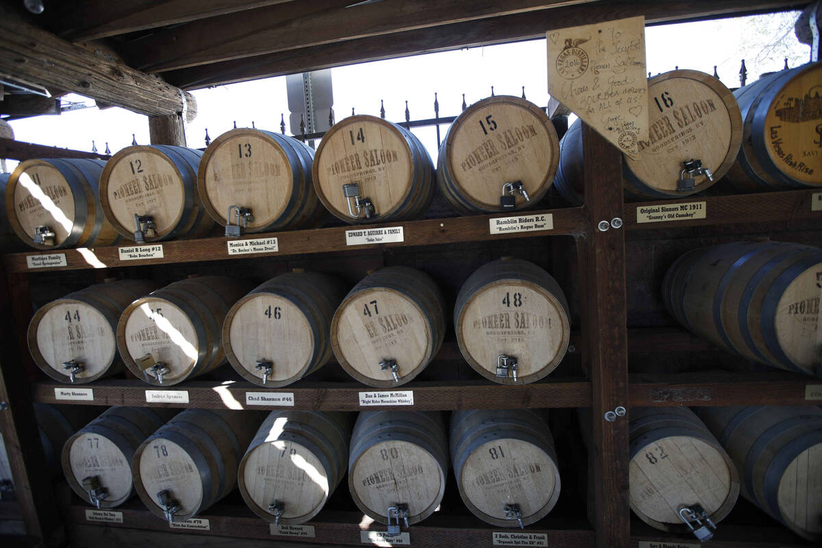 Whiskey barrels are seen in the Pioneer Saloon, Thursday, Oct. 28, 2021, in Goodsprings, Nev. ( ...
