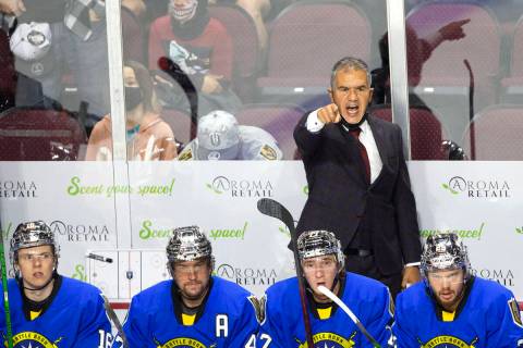 Henderson Silver Knights head coach Manny Viveiros shouts at his team during an AHL hockey game ...