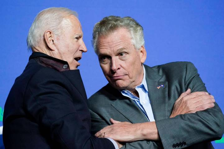 President Joe Biden speaks with Democratic gubernatorial candidate, former Virginia Gov. Terry ...